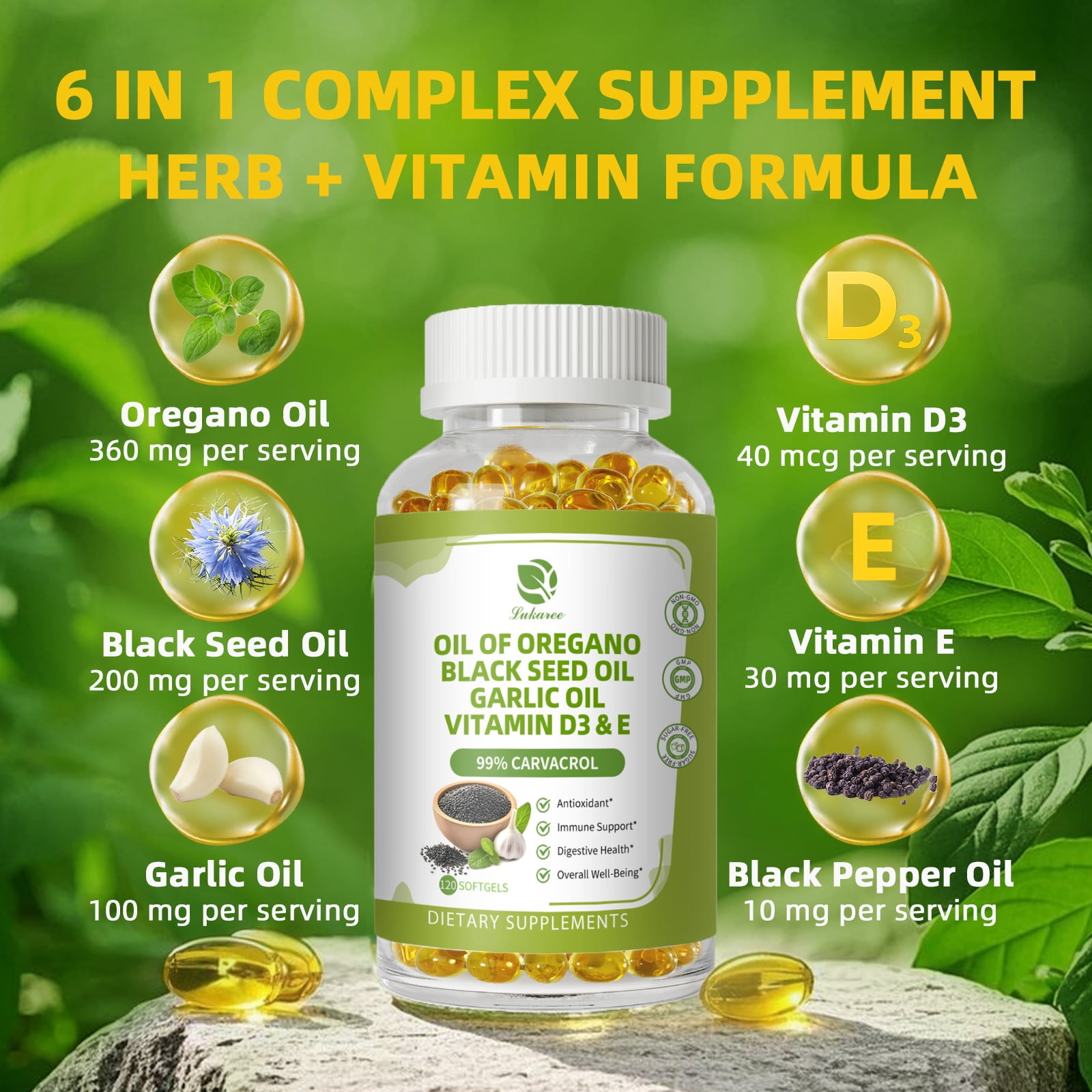 Oregano Oil Softgels, Oil of Oregano with Black Seed Oil & Garlic Oil, for Immune, Heart & Digestive Support - Antioxidant Supplement Softgels By LUKAREE