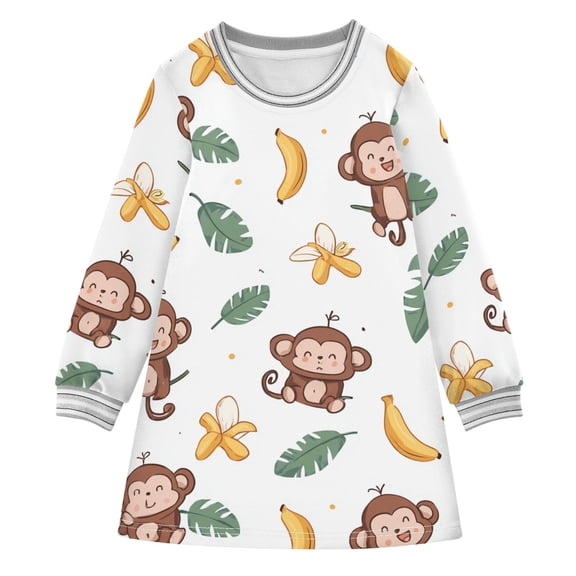 Girls' long-sleeved dress Cartoon Monkey Girls' A-line dress with ribbed cuffs Soft and comfortable