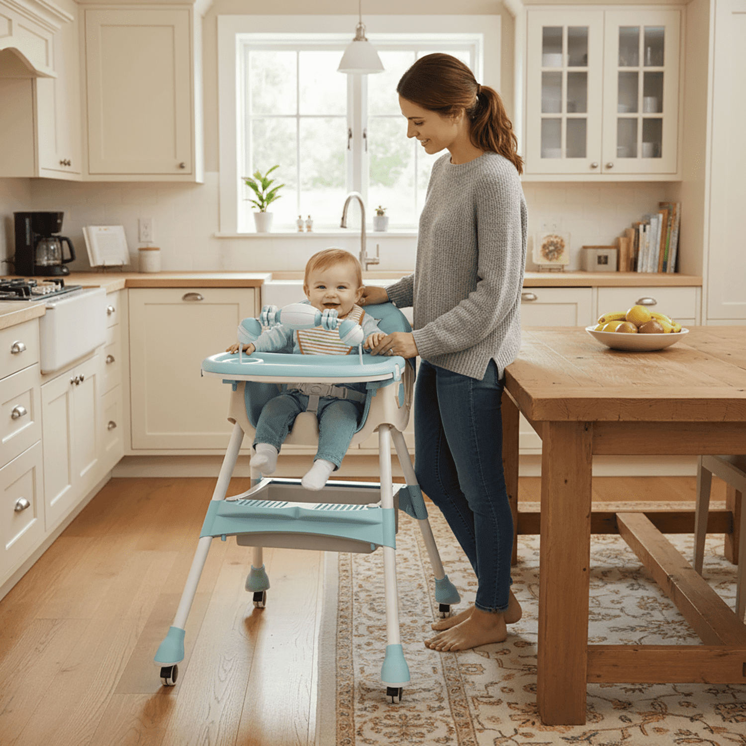 KFeng 4-in-1 Foldable Baby High Chair,Combines Play and Dining,Adjustable Dual-layer Tray and Backrest, Green