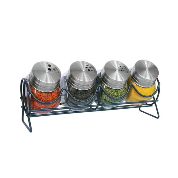 HUDSON VALLEY | Organizador De Especias con 4 Tarros De Acero inoxidable Con Tapa. Frascos De Vidrio Para Especies De Cocina. Moderno Organizador para Pimienta, Sal, Paprika y Mas Condimentos.