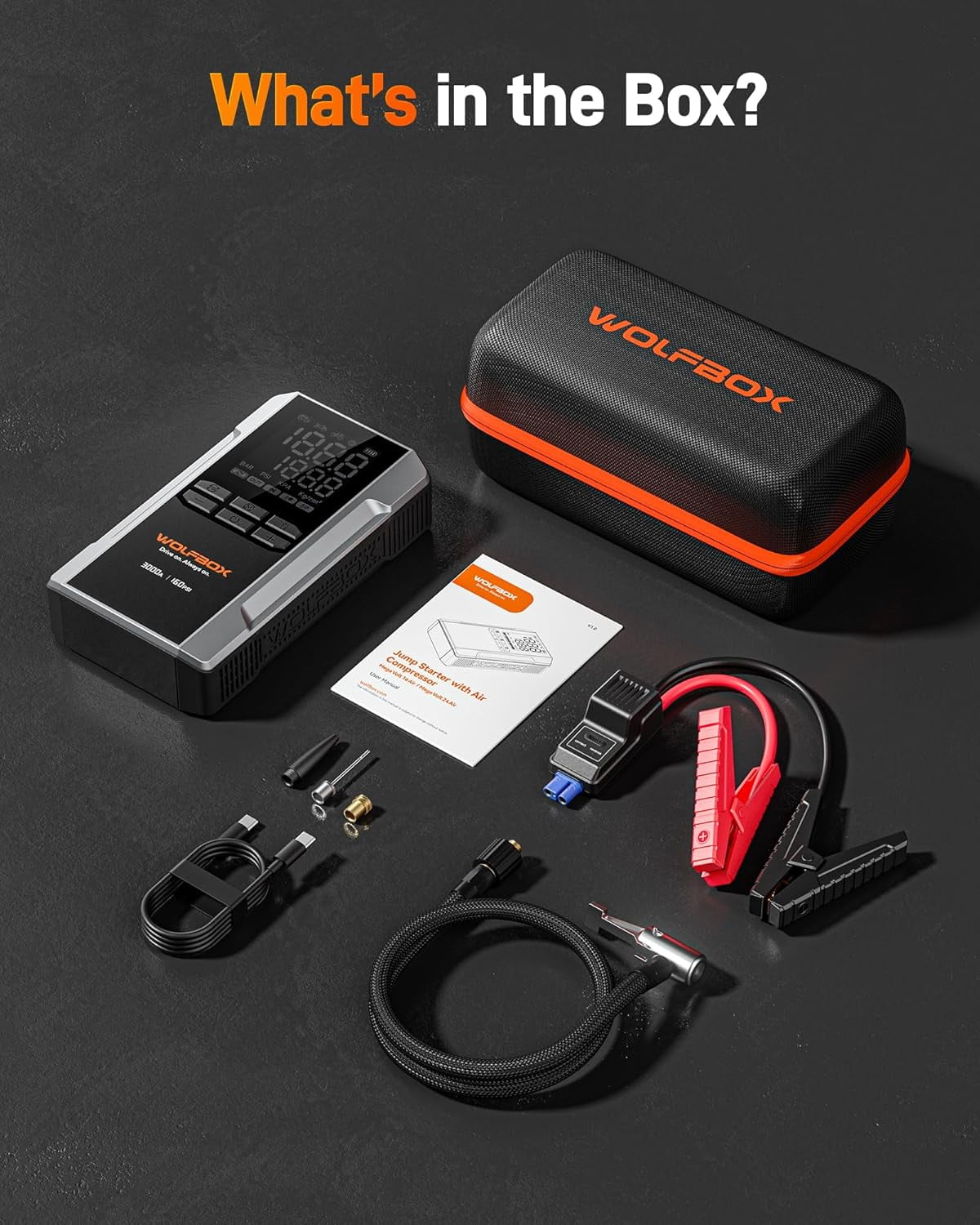 WolfBox 3000A Jump Starter with Air Compressor, 160PSI Digital Tire Inflator, 12V Battery Pack with Flashlight
