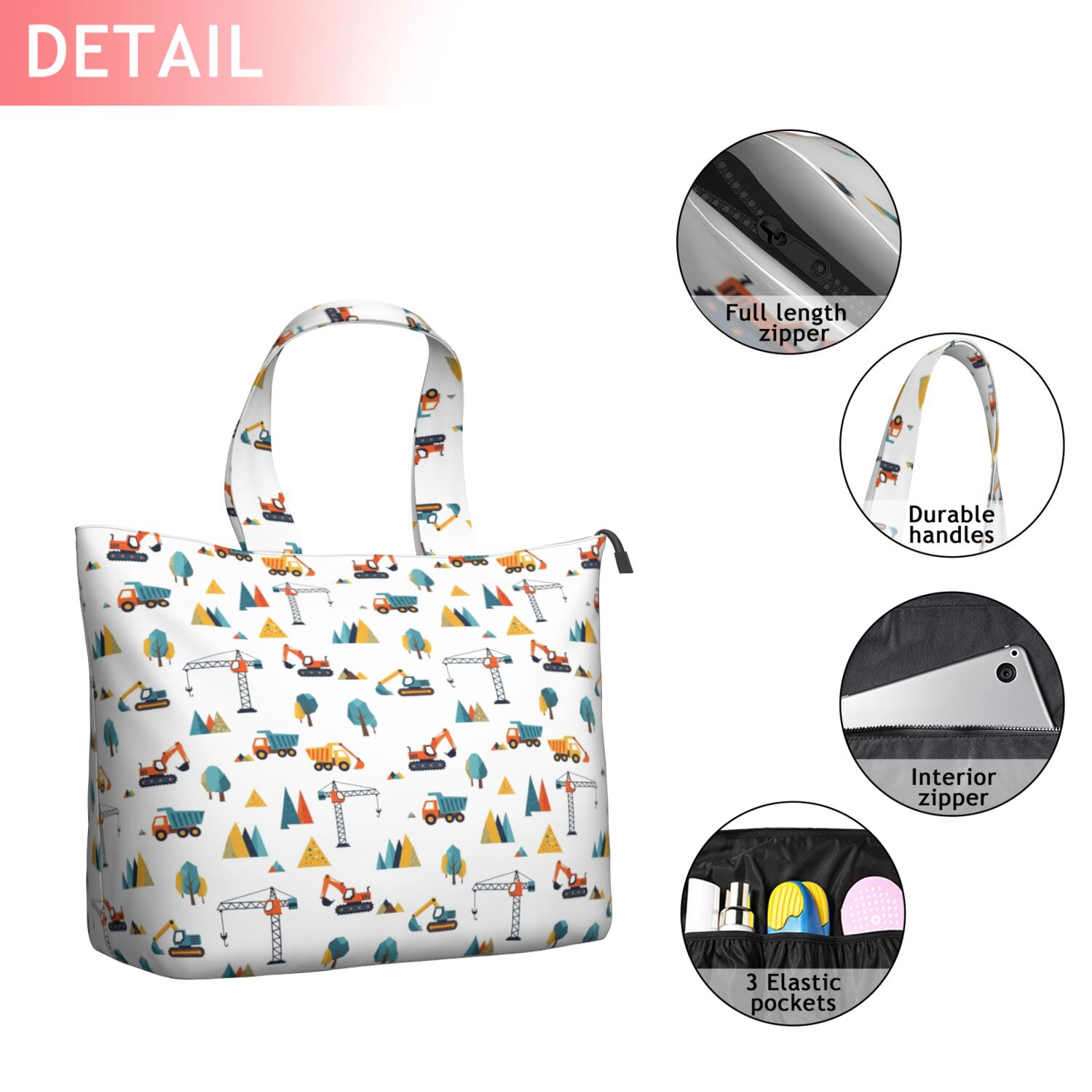Cartoon Construction Vehicles Mountains Travel Tote Bags for Women Carry On,Large Weekender Bags for Women Travel,Multi Functional Duffle Bag for Work,Shopping,Sports
