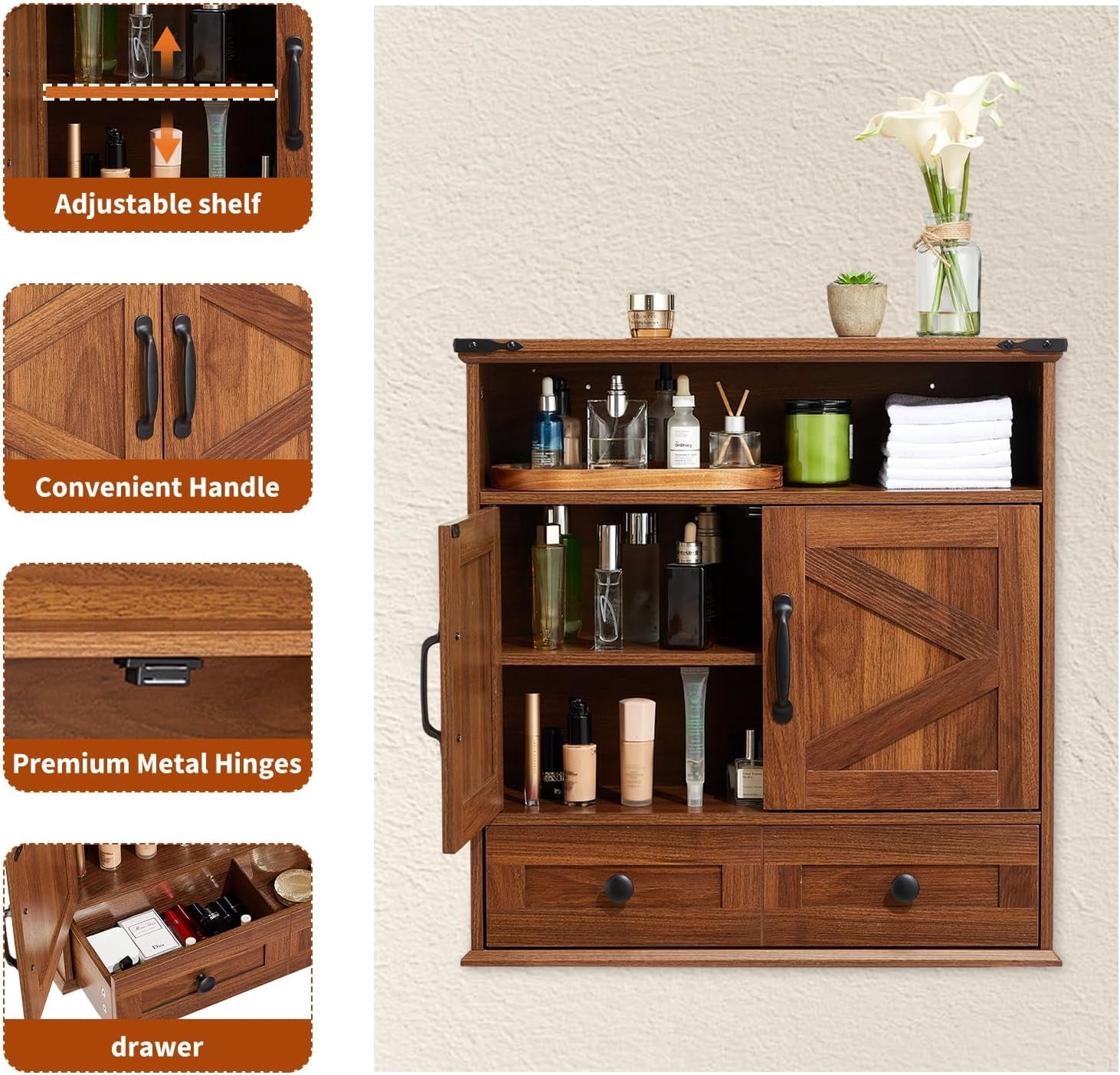 25" Wide Wall-Mounted Bathroom Cabinet with Barn Doors, Over-Toilet Storage with Adjustable Shelf & Drawer, Hanging Cabinet for Bathroom, Kitchen, Laundry, or Entryway
