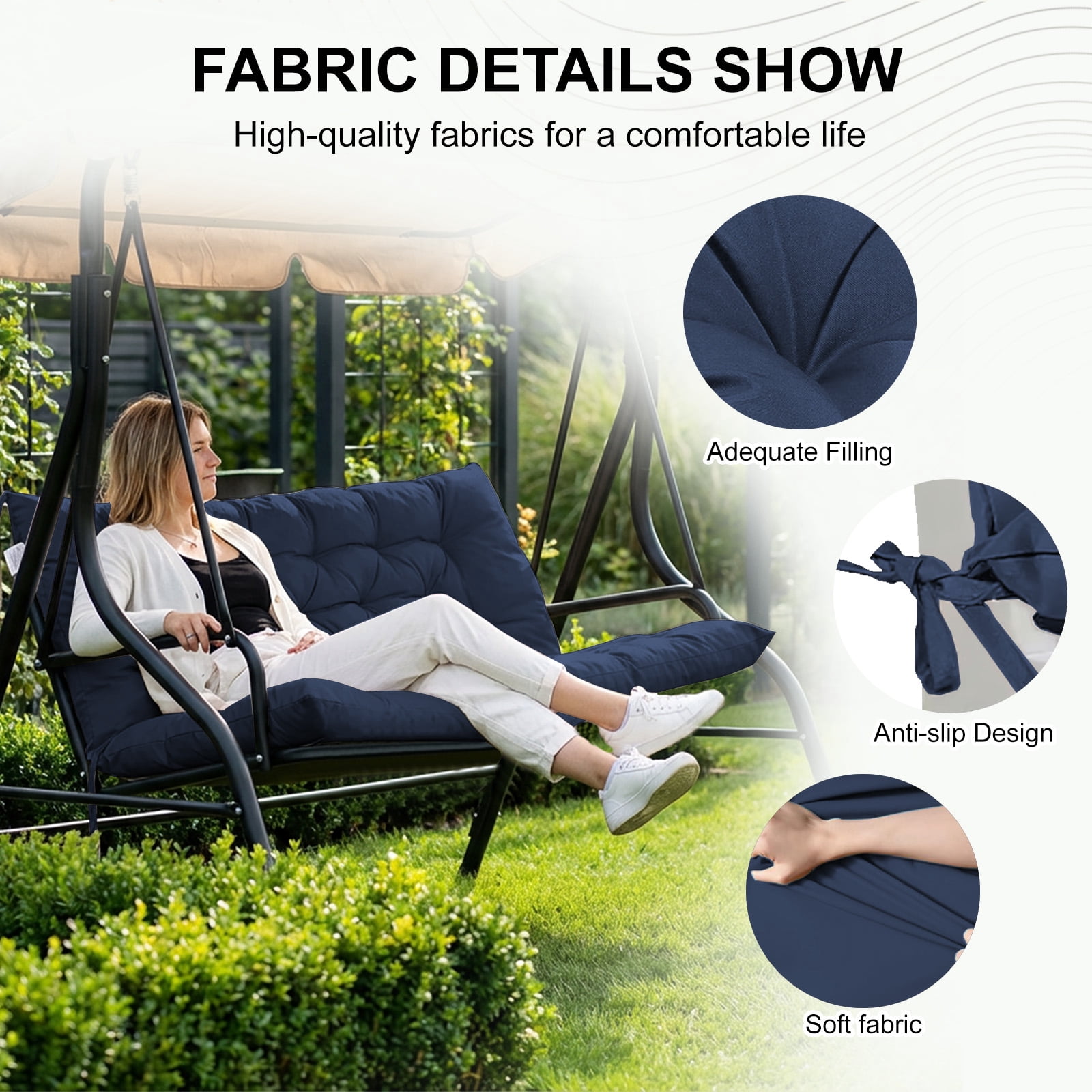 60in Outdoor Swing Cushions, Waterproof 4" Thick Porch Swing Cushion Replacement with Backrest and Ties, Comfortable 2-3 Seat Pation Swing Pad for Backyard, Garden, Lawn, Outdoor Furniture