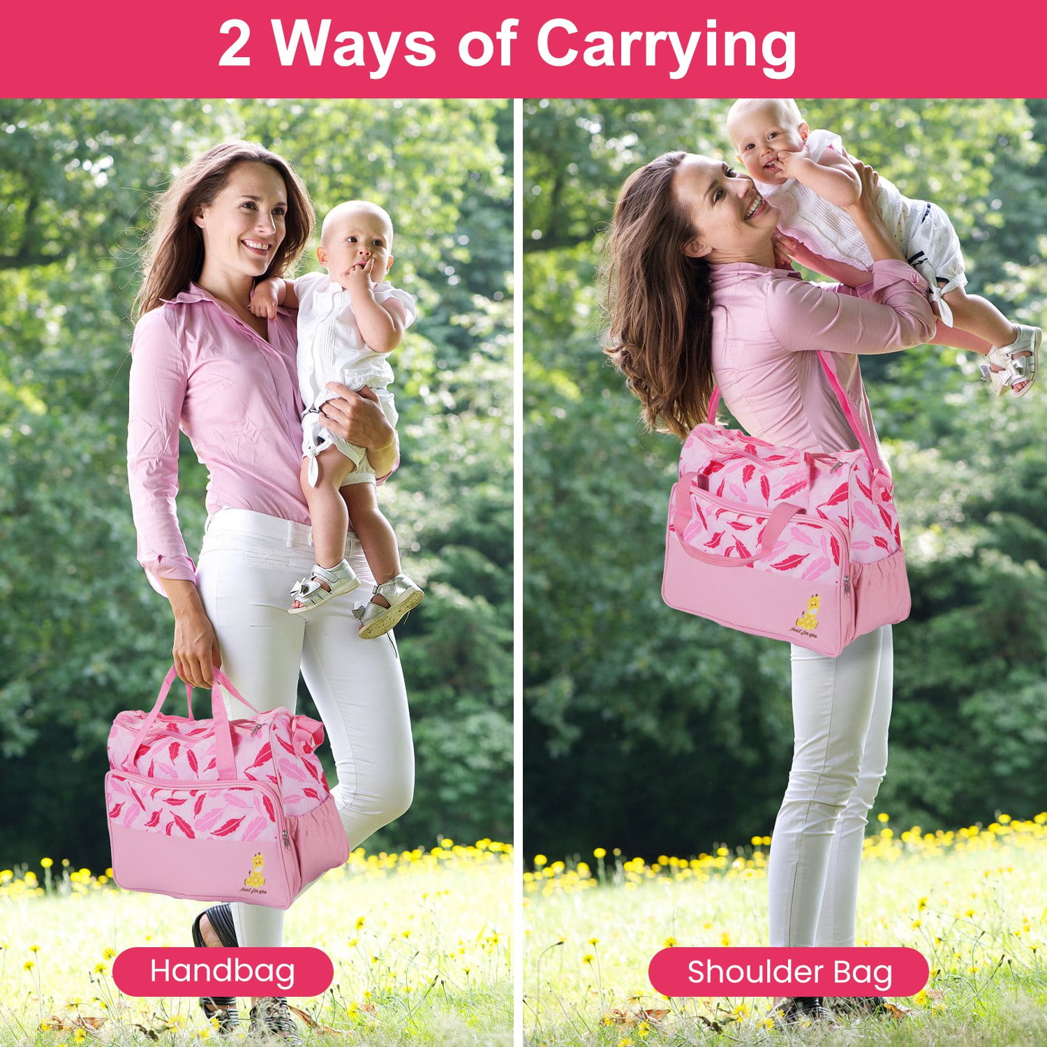 Moclever 5Pcs Baby Nappy Tote Bags Set for Mom Dad, Mummy Diaper Handbags with Diaper Pad Food Bag Bottle Bag Travel Tote Bags, Light Pink