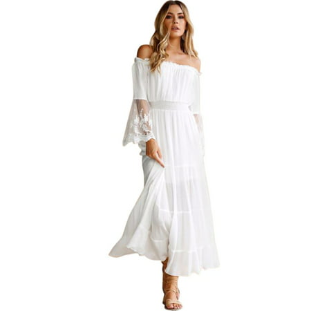 Off Shoulder Dress White Lace Patchwork for Women Maxi Sexy Cocktail Party Wedding Dress Long (Best Wedding Dress To Hide Tummy)