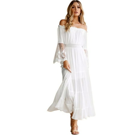 Off Shoulder Dress White Lace Patchwork for Women Maxi Sexy Cocktail Party Wedding Dress Long Sleeve