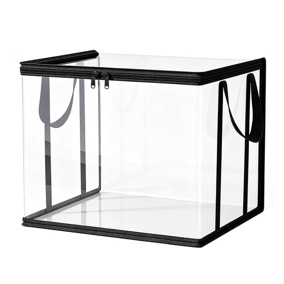 XIBUFE Large Clear Thick Plastic Storage Box with Hinged Lid , 15" Thick Plastic Book Storage Bin, Stackable Collapsible Organizer Container for Books, Files, Magazines, Bedroom (Black *1)