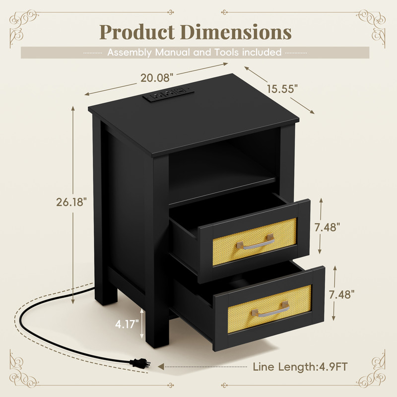 Vineego 1 Piece Rattan Nightstand with Power Outlet, End Table Beside Table with 2 Drawers & 1 Open Shelf for Bedroom Living Room, Black