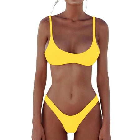 Baqcunre Bikini Sets for Women  Womens 2 Piece Brazilian Thong Bikini Sets High Cut Swimsuits Padded Neck Top Bathing Suits Swimwear Bikini  Women s Swimwear One Set Yellow XL