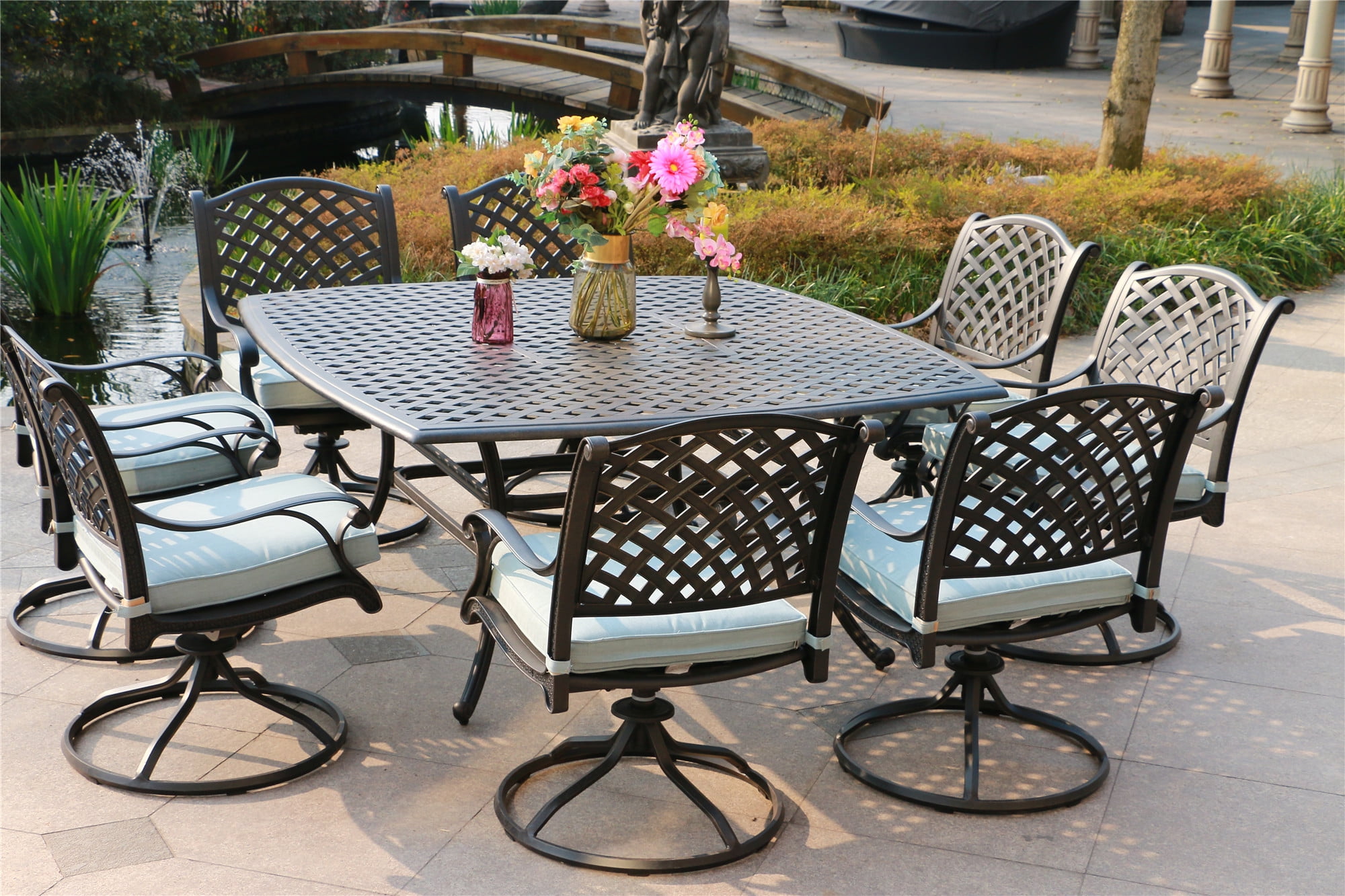 Hennessey Outdoor Patio Dining Set, Cast Aluminum 9 Piece in Light Blue Cushions, Multiple