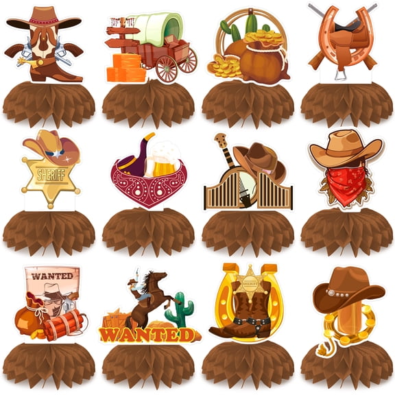 Cowboy Party Decorations, 12pcs Cowboy Table Honeycomb Centerpieces Wild West Cowboy Centerpieces for Tables, Western Party Centerpiece Decorations for Cowboy Party Supplies