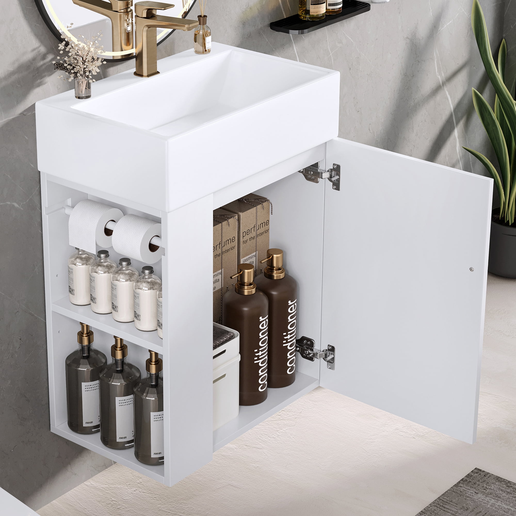 20 Inch Bathroom Vanity with Ceramic Sink, White, MDF, Wall-Mounted