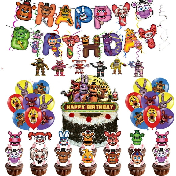 Freddy's Party Decorations Night Freddy Happy Birthday Party Supplies Set include Banner ,  Freddy Balloons,  Freddy Cake Cupcake Toppers