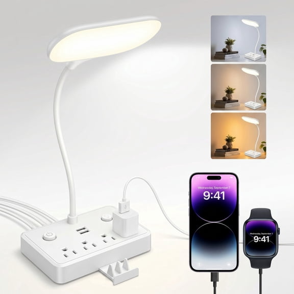 LED Desk Lamp for Dorm ,Desk Light witch 2 USB Charging Port and 4 AC Power Outlet - 3 Lighting Modes,4ft Extension Cord for reading, Working, Studying