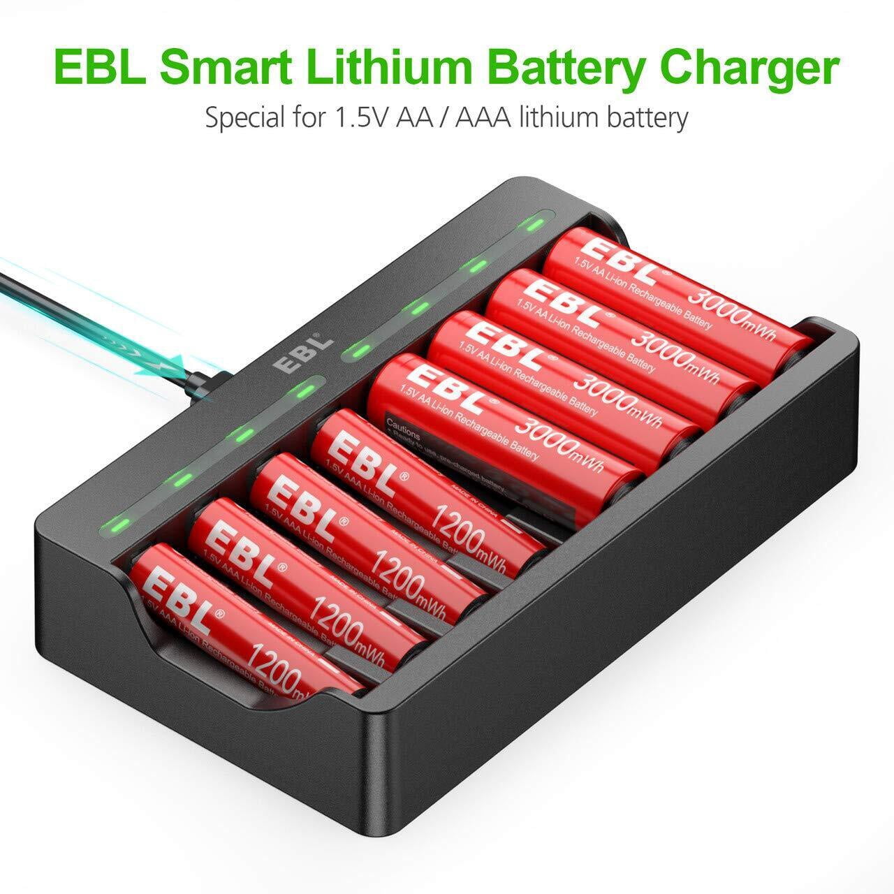 EBL 4x AA and 4x AAA Rechargeable Lithium Li-ion Batteries 1.5V with 8 Slots Smart Battery Charger