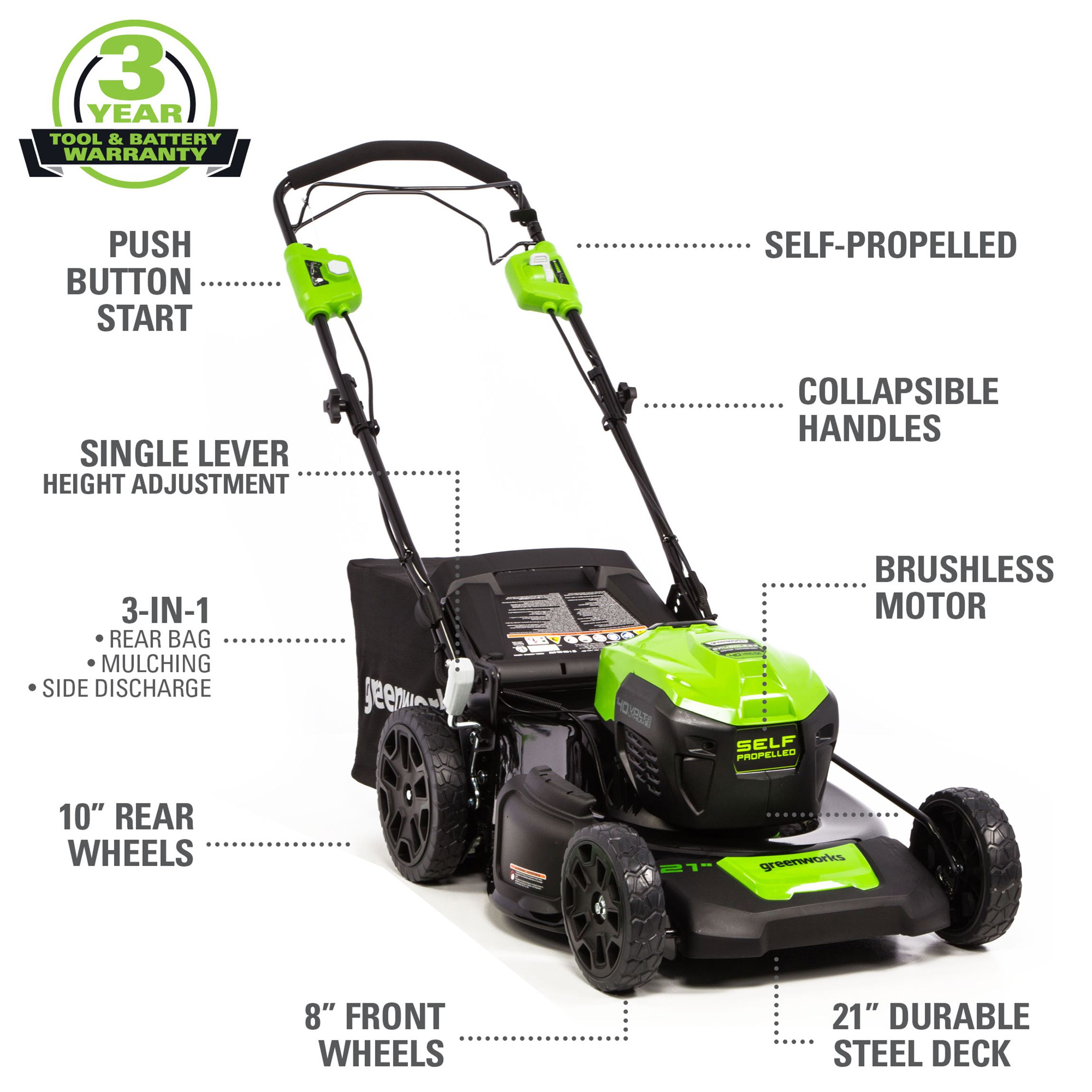 Greenworks 21" 40 Volt Battery Powered Self-Propelled Walk-Behind Mower, Battery Not Included - image 2 of 12