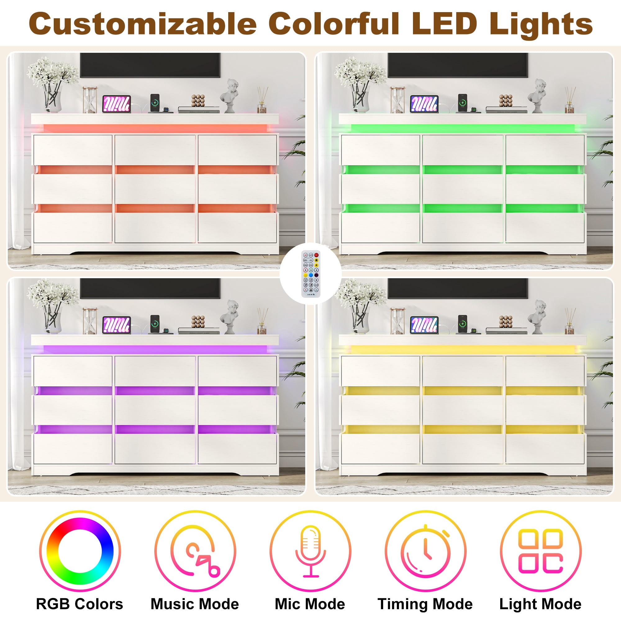 ANPOO 9 Drawer Dresser for Bedroom, 63 Inch Dresser with LED Lights and Charging Station, Wide Chest of Drawers with Large Storage, Bedroom Closet Organizer Cabinet for Living Room Entryway, White