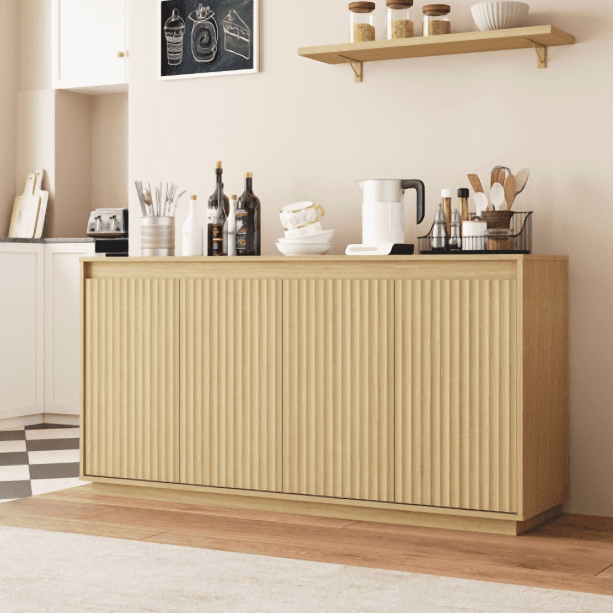 4-Door Sideboard Buffet Cabinet with Power Outlet, Wavy Texture No-Handle Accent Cabinet, Freestanding Storage Cabinet for Dining Room, Living Room, Entryway, Natural