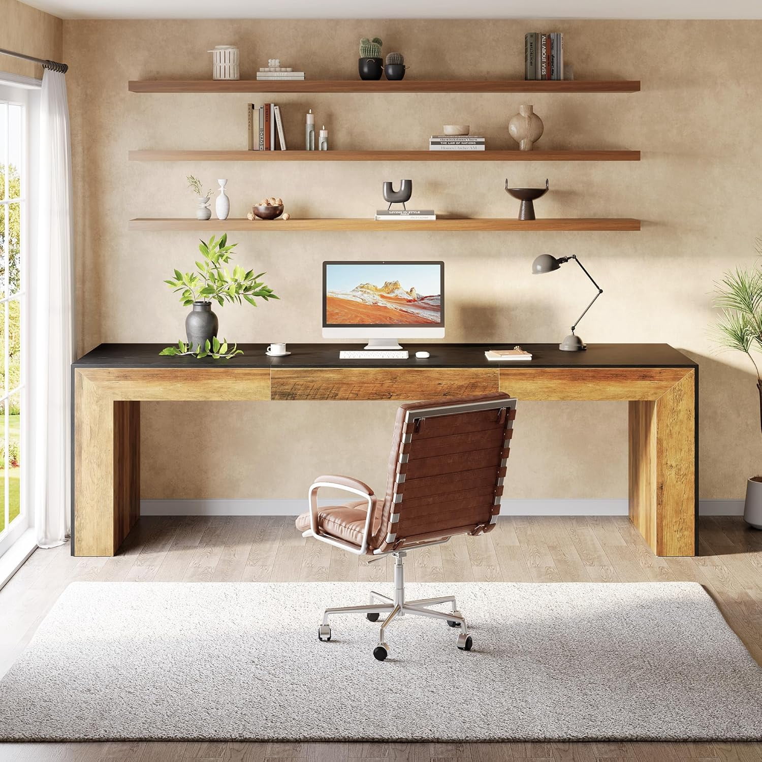 86.6-Inch Long Computer Desk for 2 Person, Farmhouse Executive Desk with Wooden Tabletop and Legs