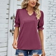 thumbnail image 5 of Birdeem Womens Summer Summer Solid Color V-Neck Pleated Loose Short Sleeve Top, 5 of 5
