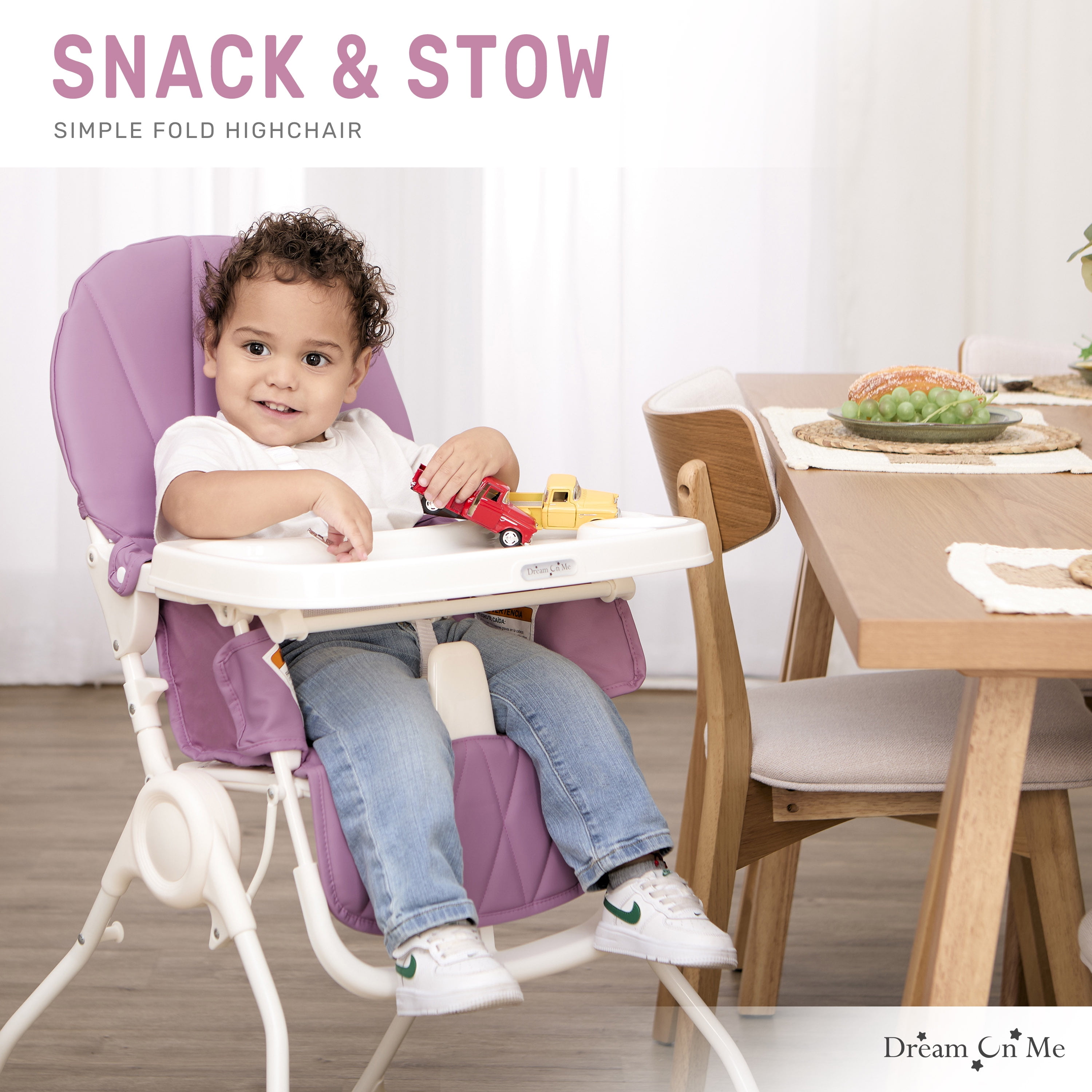 Dream On Me Snack and Stow Baby high Chair, Easy to fold and Store Travel high Chair, Removable and Three Position Adjustable Tray Portable high Chair, Mauve