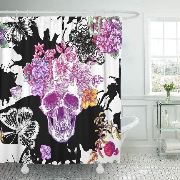 ABPHQTO Hueso Hermoso Bosquejo La Calavera y Flores Estilo Boho Mariposa Celebración Cultura Juego de Cortinas de Ducha de Baño Impermeables 165x180 cm ABPHQTO PKNMT66x72Shower-11300