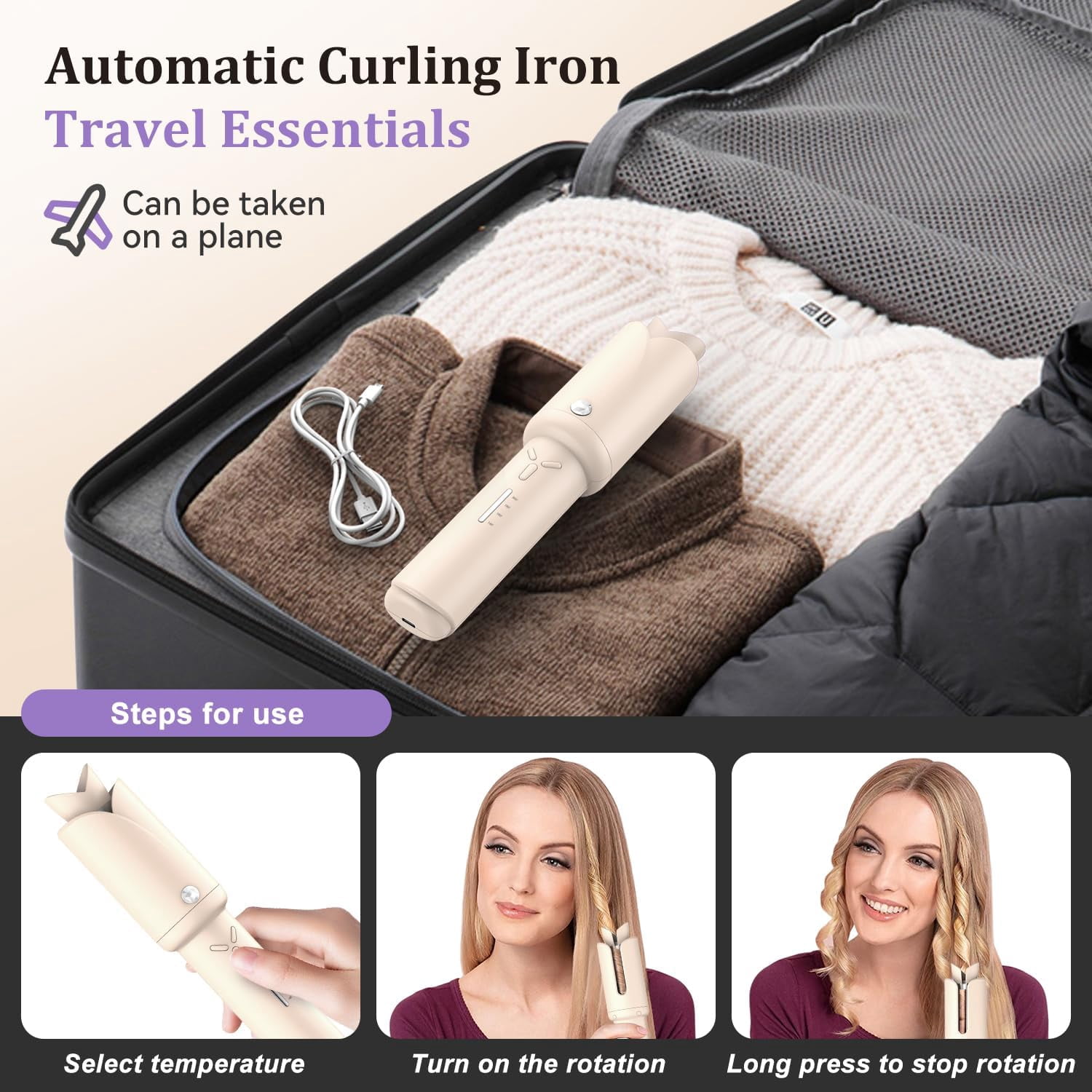 Cordless Automatic Hair Curler, 1.2-Inch USB Rechargeable Auto-Rotating Ceramic Curling Iron with 4 Temperature Settings for Travel