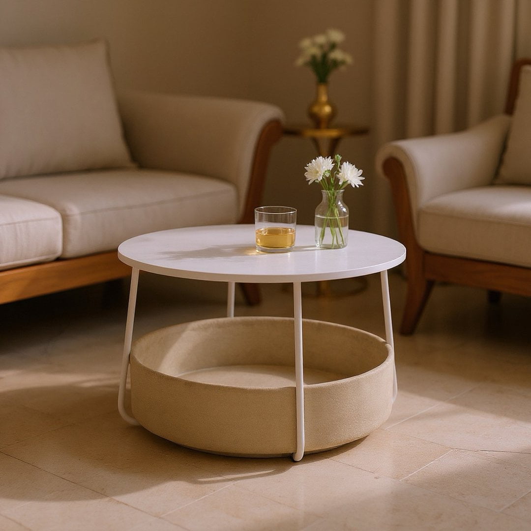 Gewnee 30''Round Coffee Table - End Table with Fabric Basket,Sleek Space-Saving Furniture for Living Room,Bedside Nightstand,Matte White and Beige