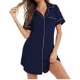 thumbnail image 2 of Elainilye Fashion Womens Pajama Dress Summer Buckle Loose Casual Nightdress Shirt Collar Nightdress PJs,Blue, 2 of 7