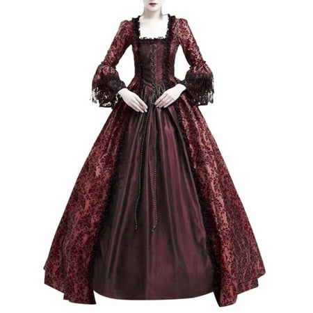 LMKIHUSA Renaissance Dresses for Women Womens Victorian Dress 1800S Medieval Gothic Dress Corset Flare Sleeve Drawstring Vintage Dress Cocktail Party Ball Gown Long Maxi Dress Wine L