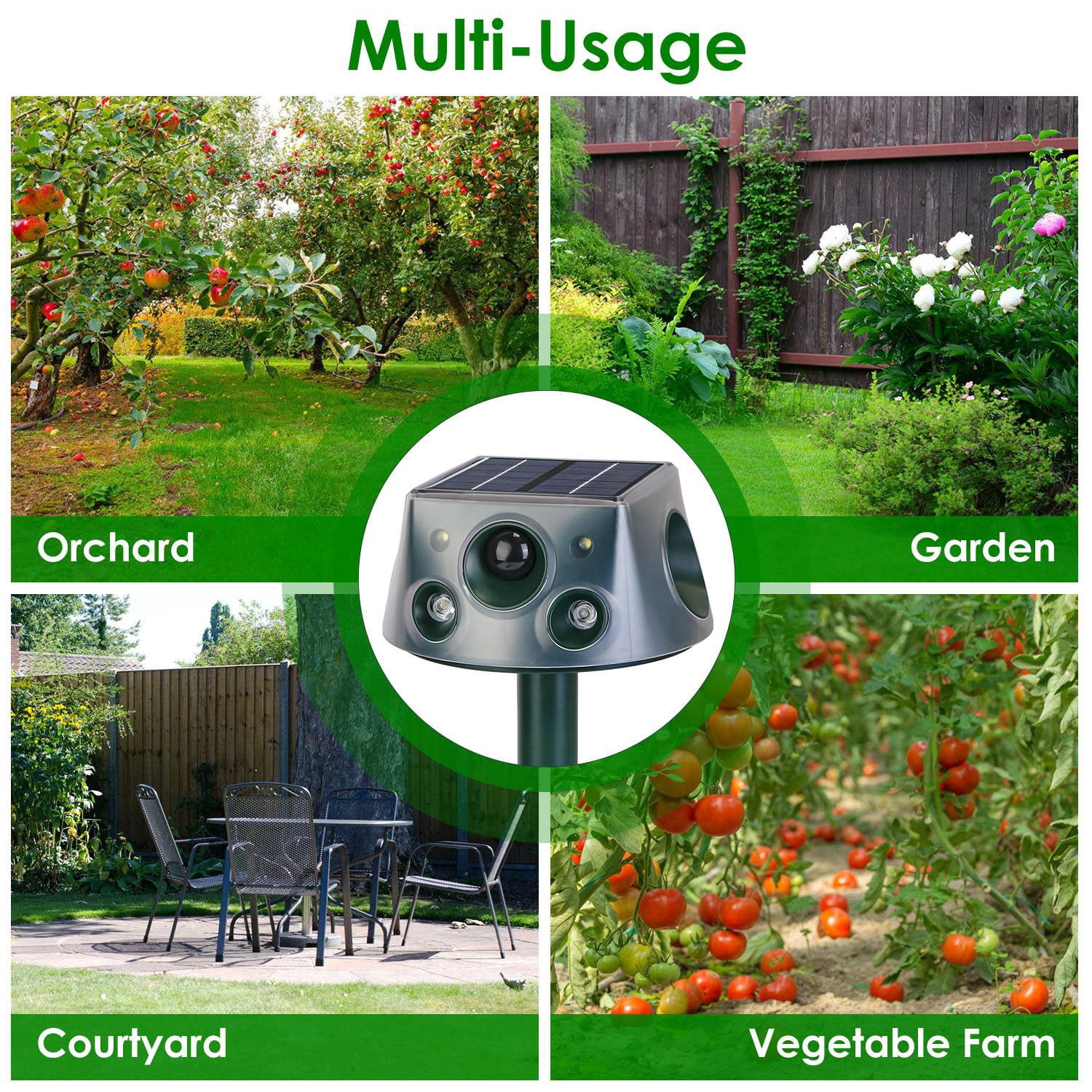 Solar Ultrasonic Animal Repeller Rechargeable 2200mAh Garden Pest Deterrent with Strobe Alarm Vibration IP66 Waterproof Motion Sensor for Moles Bats Squirrels Birds Yard Farm Lawn Outdoor