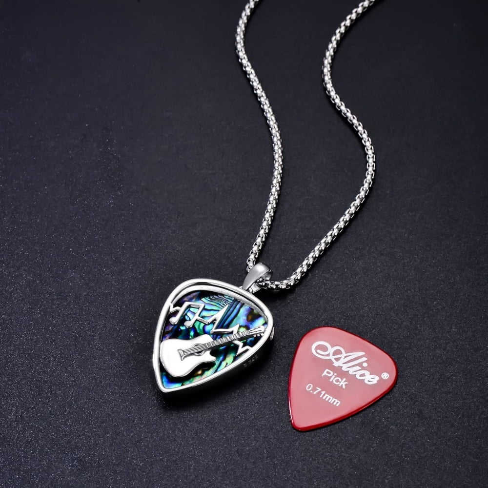 CACA LADY Guitar Pick Holder Necklace 925 Sterling Silver, Soundwave Guitar Pick Pendant Holder Engrave Guitar with Music Note Pendant Jewelry Musicians for Guitar Lovers Music Lovers
