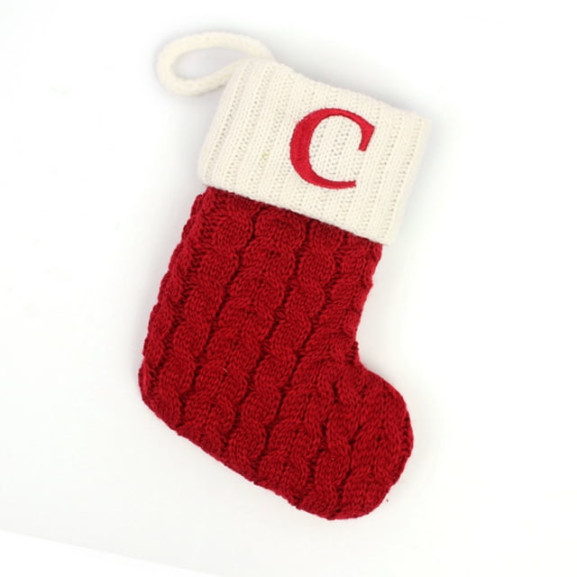 Diconna Christmas Present Sock, Lettering Initials Snowflake Pattern Knit Cartoon Stockings Cloth Gift Container Decorative Bag