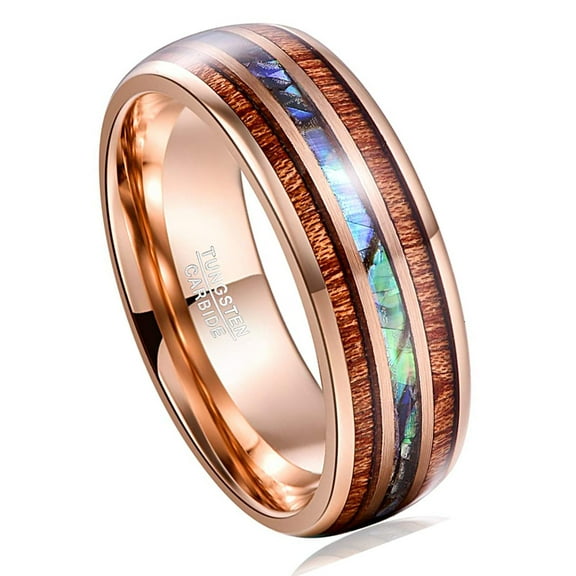 Vakki 8mm Hawaiian Koa Wood Tungsten Rings Rose Gold Dome Abalone Shell/Blue Center Wedding Bands for Men Women