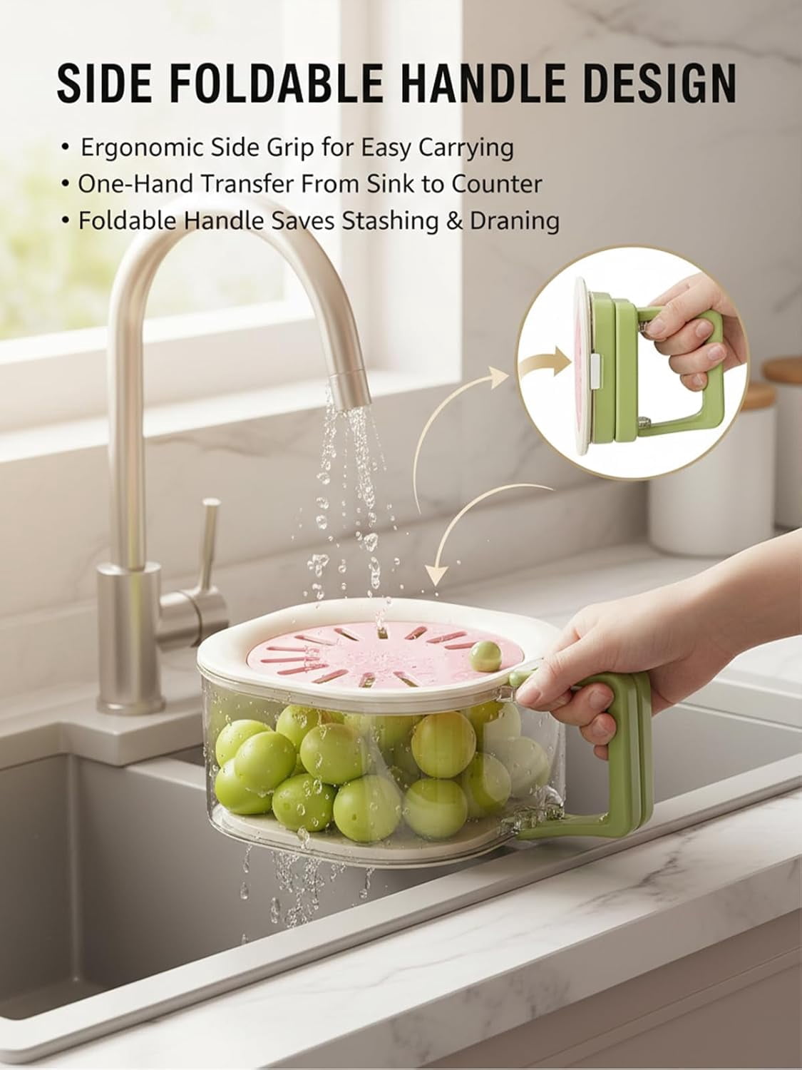 2-in-1 Draining and Preservation Basket, Fruit Washing Bowl with Strainer and Lid, Vegetable Washer Container for Kitchen and Fridge Storage