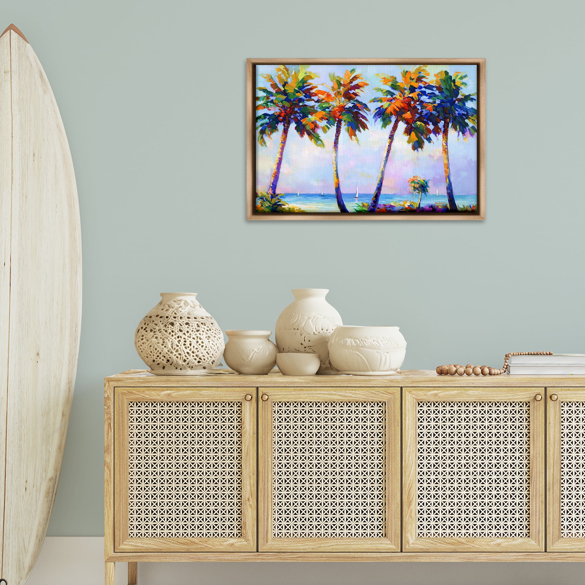 Stupell Industries Palm Trees in Sun Warmth Landscape Painting Brown Floater Framed Canvas Art Print Wall Art, 31 x 21