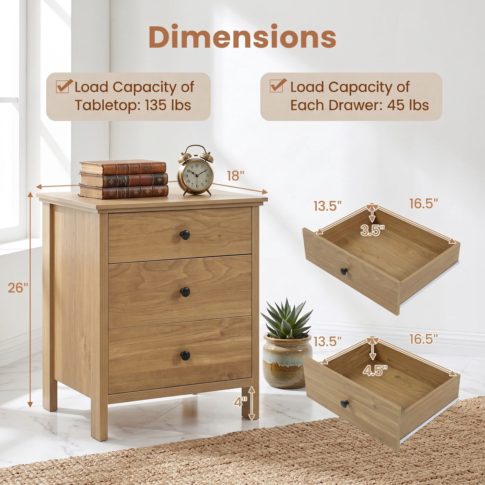 Furnibear 3-Drawer Wooden Nightstand with Wide Tabletop and Smooth Metal Slides for Bedroom Living Room and Study, Natural