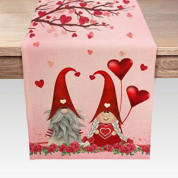 Valentines Day Table Runner, Romantic Hearts Gnomes Table Runners for Kitchen Dinner Table, Holiday Pink Red Table Decorations Indoor Outdoor Home Decor 13 x 72 Inch