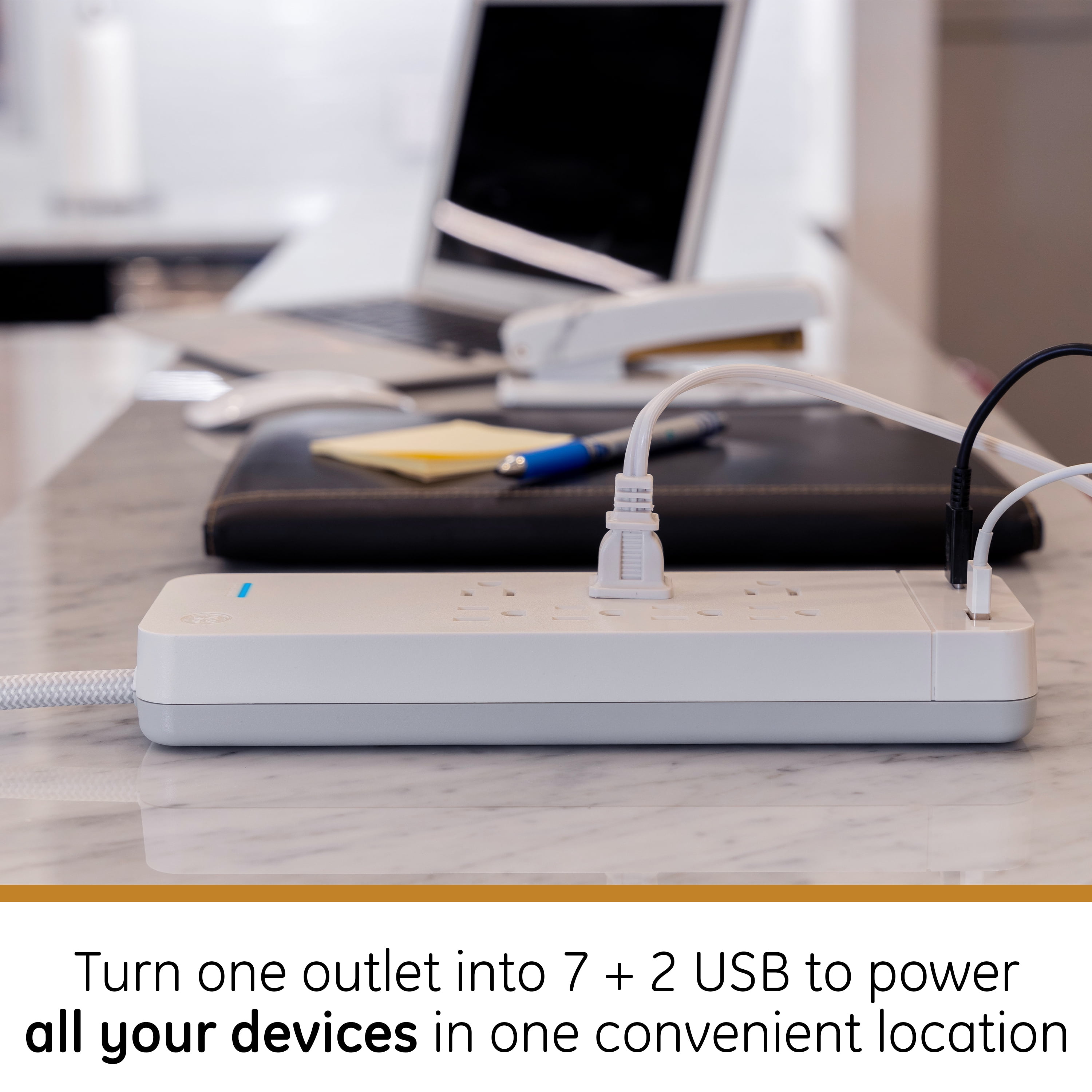 GE UltraPro 7 Outlet 1 USB & USB-C Surge Protector, 4 ft Cord, White, 41355