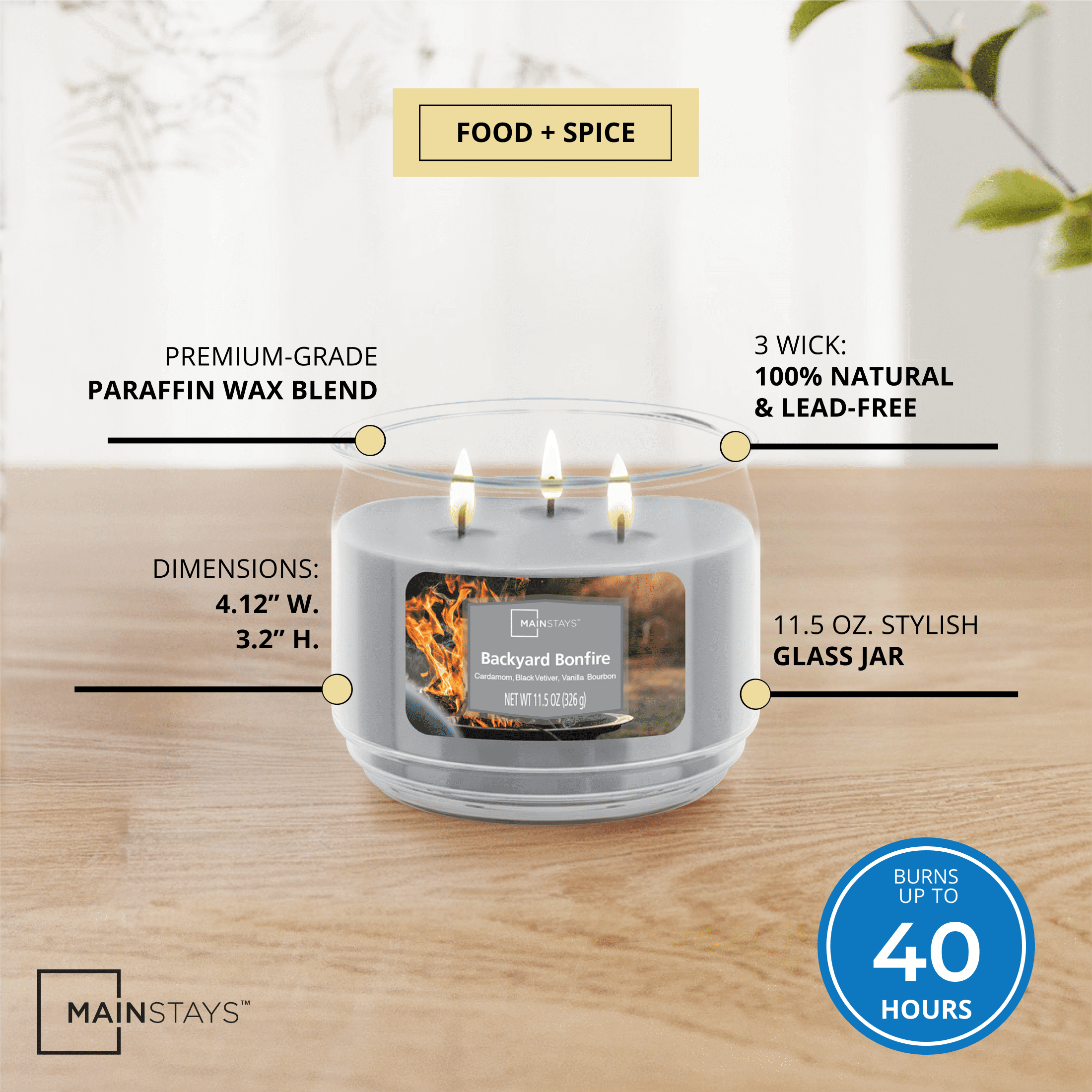 Mainstays 3-Wick Scented Glass Jar Candle, Backyard Bonfire, 11.5oz.