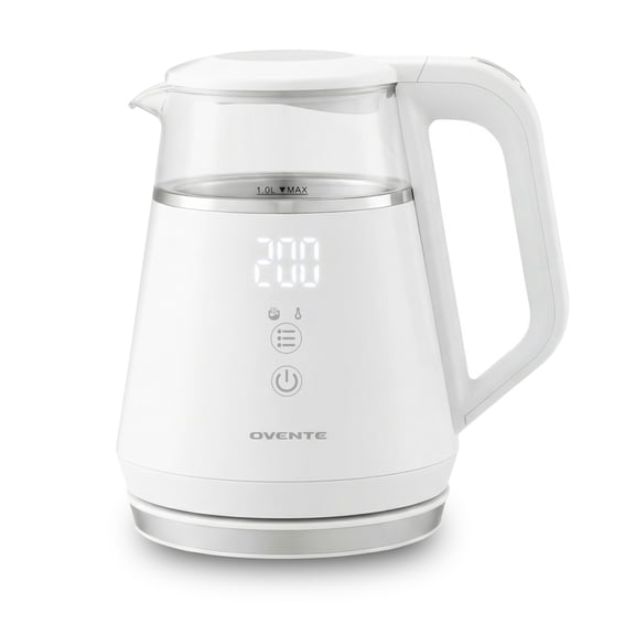 OVENTE 1L Electric Kettle with Temperature Control, 1500W, White KD95W, Water Boiler With Digital Display, 5Hr Keep Warm, Auto Shut-Off, Double-Wall Cool-Touch Exterior, BPA-Free Borosilicate Glass