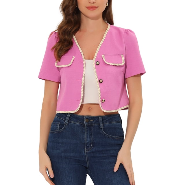 Unique Bargains Veste à Bordure Contrastée pour Femmes Col en V Manches Courtes Blazer de Travail Rose TP