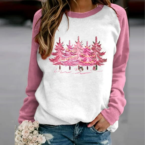 pimelu Christmas Sweater Clearance Christmas Crewneck Sweatshirt for Women Plus Size Long Raglan Sleeve Pullover Tops Trendy Pink Christmas Tree Print Graphics Shirt