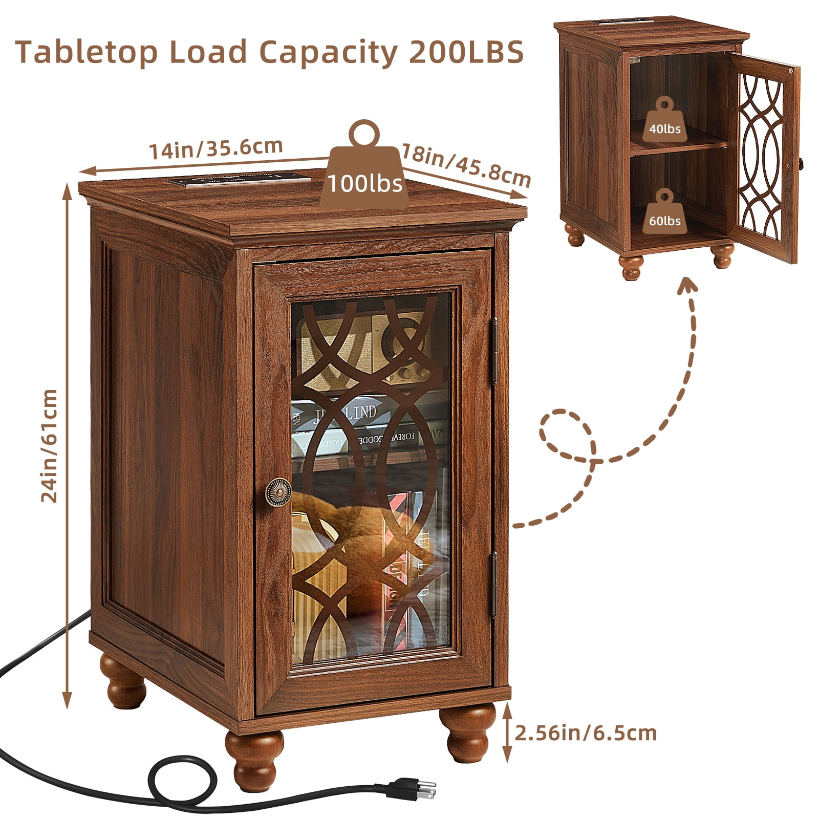 End Tables for Living Room with Charging Station, Nightstand for Small Spaces Bedoom with Glass Door and Adjustable Shelf, Brown