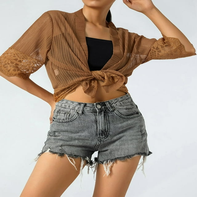 Women Open Front Shrug Ladies Short Sleeve Solid Color Lace Patchwork Sheer Bolero Cover Up
