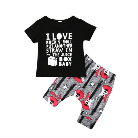 

Nokpsedcb 2PCS Toddler Infant Kids Baby Boys Short Sleeve T-Shirt Tops Guitar Print Shorts Summer Outfits Black 3-4 Years