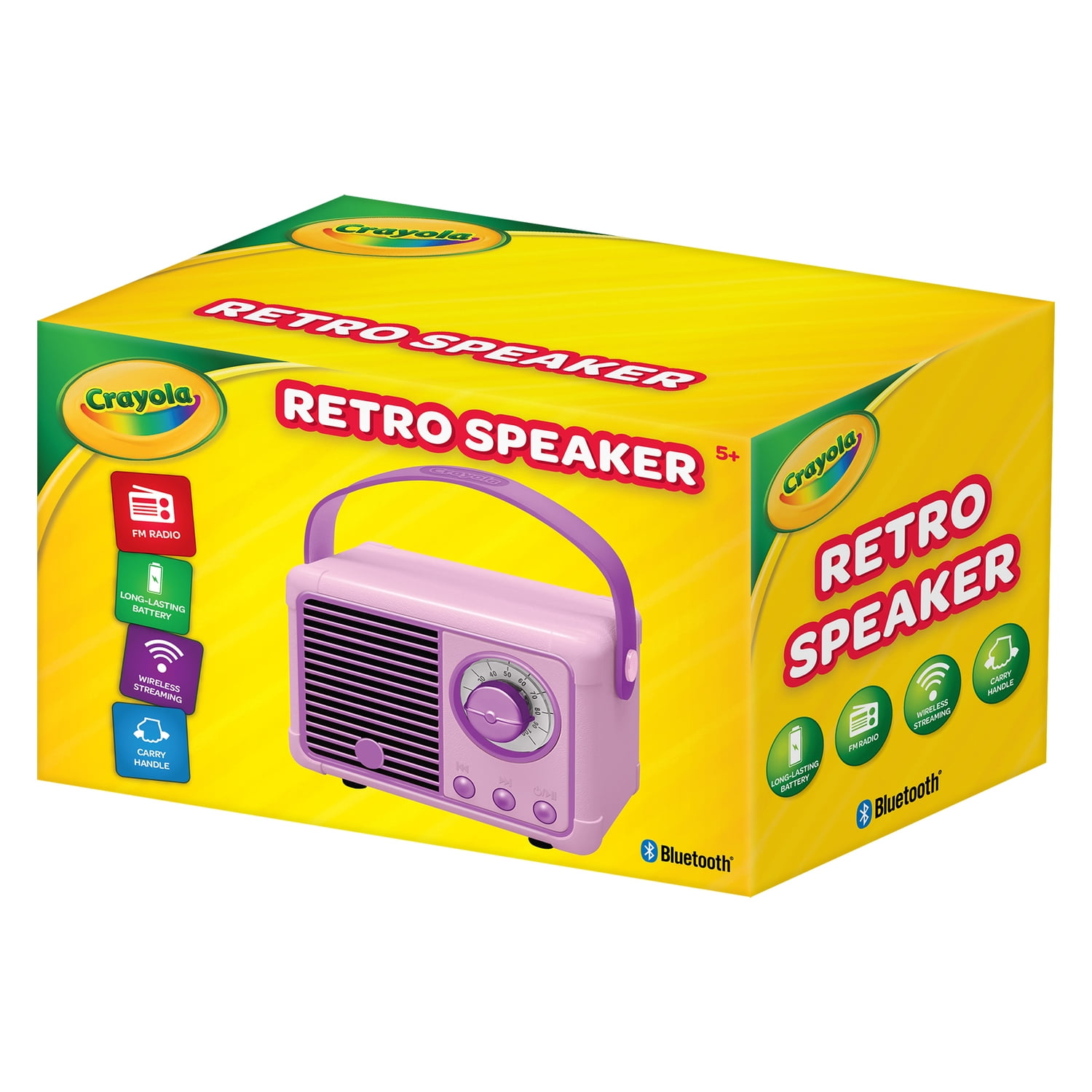 Crayola 3-Watt CBT110 Retro Portable Bluetooth Rechargeable Speaker with FM Radio, TWS, USB/microSD/Aux, up to 1.5 Hours of Play Time, Pink