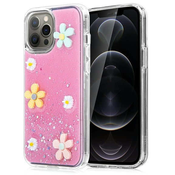 KIQ Case For iPhone 12 Pro Max, Soft TPU Material Anti Scratch Full-Body Slim and Lightweight Protective Daisy Flower with Glitter Case For Apple iPhone 12 Pro Max (Pink)