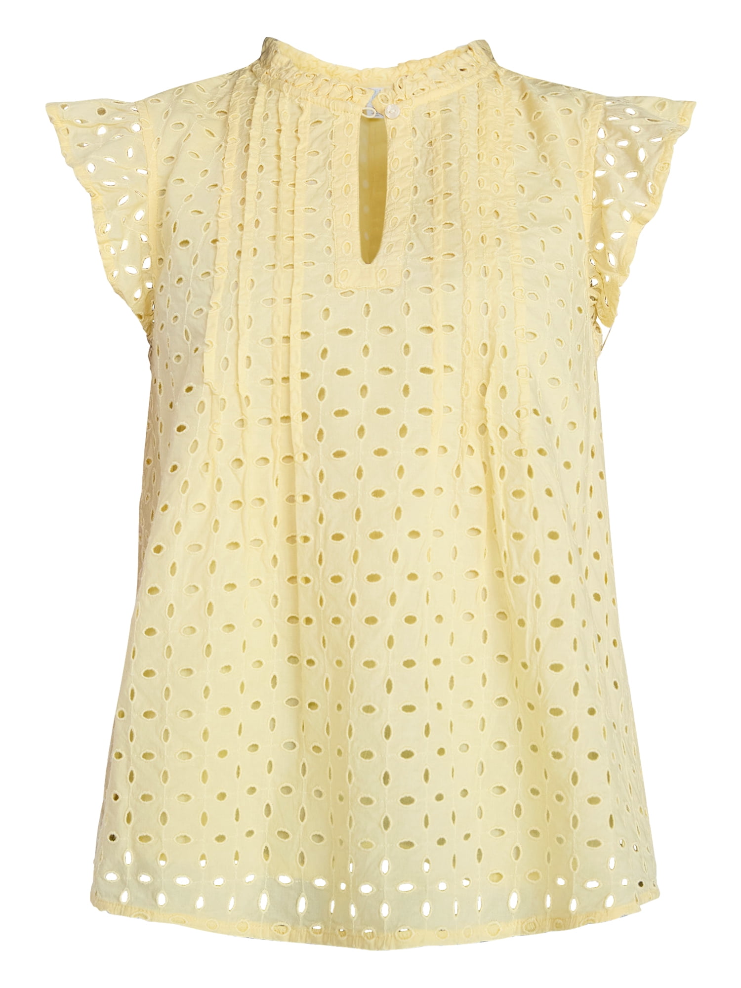 Time and Tru Women's Cotton Eyelet Top with Short Flutter Sleeves, Sizes XS-XXXL